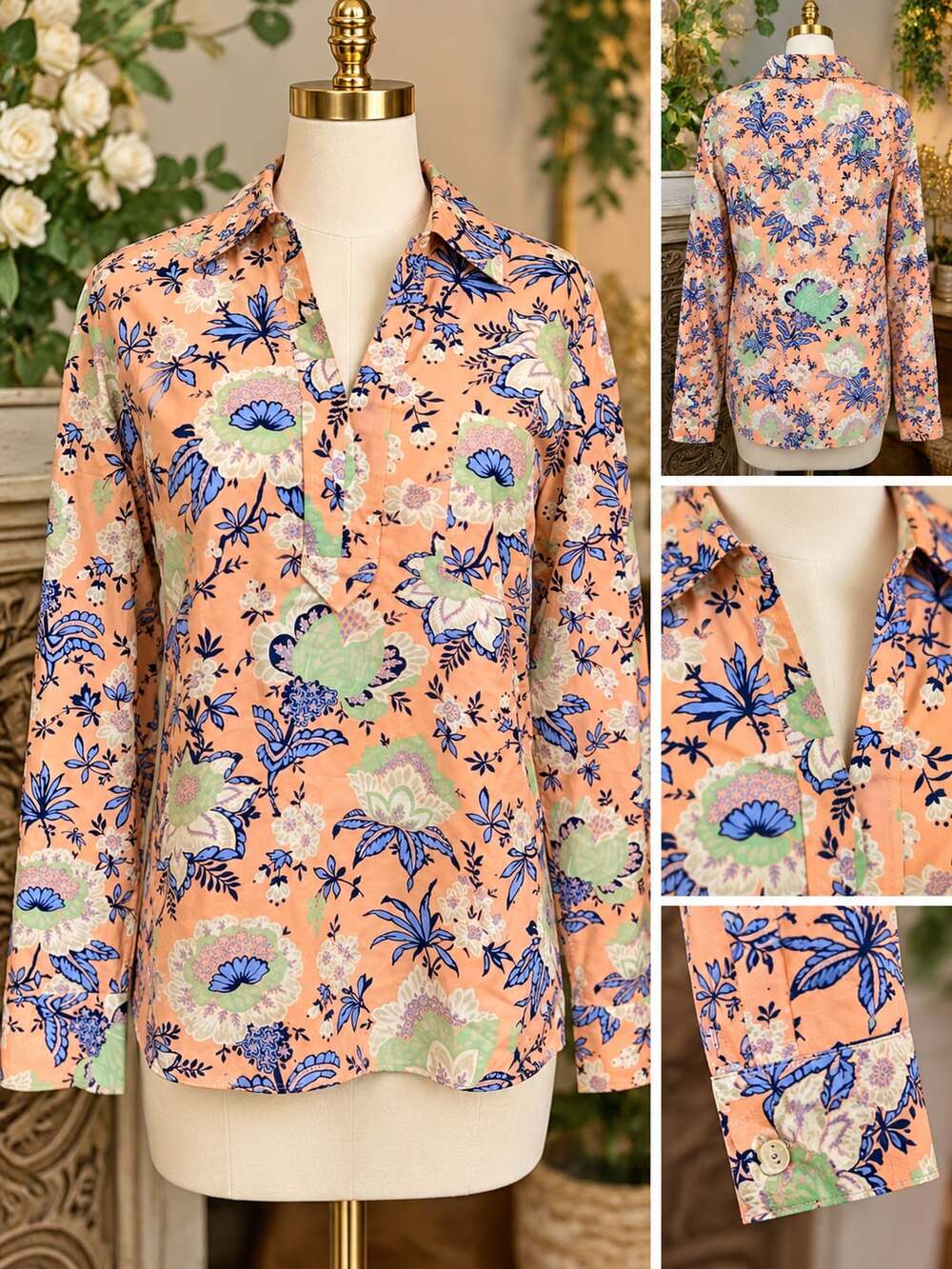 Talbots Starlight Floral Shirt Size L Orange Long Sleeve Cotton Blouse